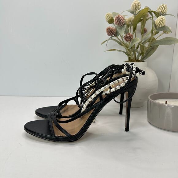 Sam Edelman Scarlette Leather Beaded Ankle Wrap Heels Black/Pearl Women's 9 M - Picture 6 of 14